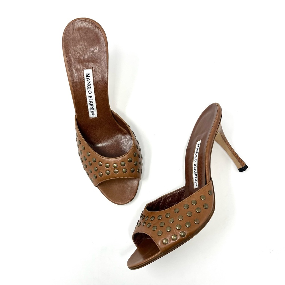 Vintage Manolo Blahnik Y2K Brown Tan Leather Studded Mules Slides Heels 37.5 7.5